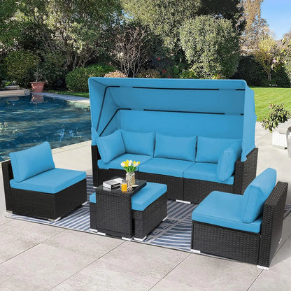 7-Piece Patio Furniture Set - Daybed with Canopy, Rattan Sectional