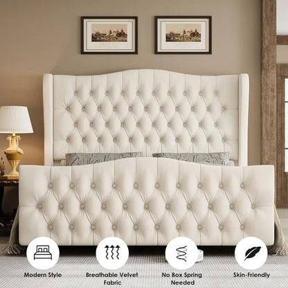 King Bed Frame with Velvet Tufted Wingback Headboard