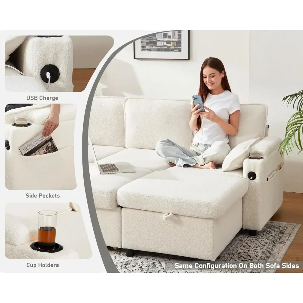 Sofa Bed Sleeper Pull Out 2 in 1 Sectional Sleeper Sofa Couches with Storage,USB, Cup Holder,Pullout Sectional Couches