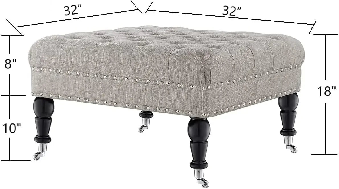 Middle Century Upholstered Tufted Coffee Table with Linen Padded Seat, Large Square Ottoman, Black Metal Frame, Granite