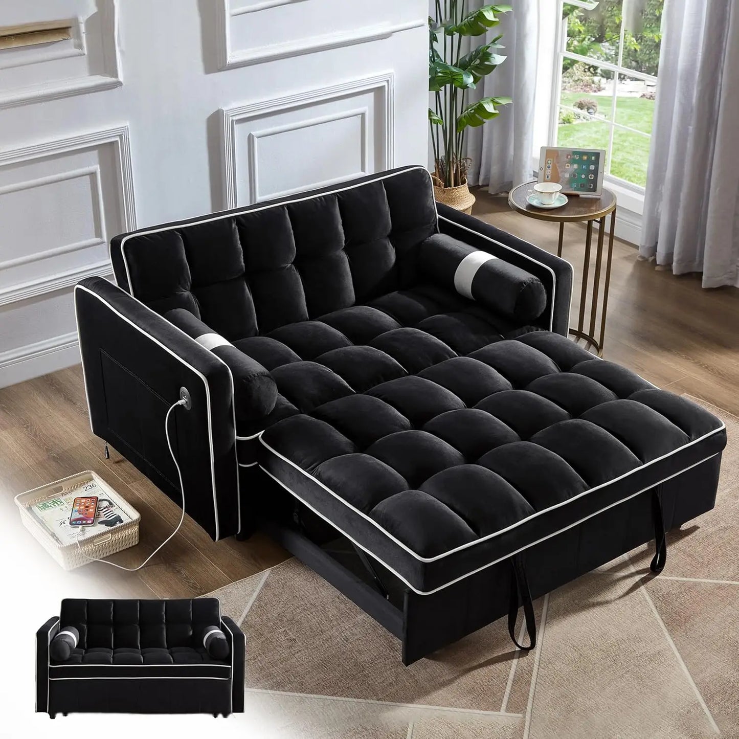 3 in 1 Pull Out Convertible Sofa Bed with USB Ports - 55" Modern Velvet Sleeper Sofa with 3 Level Adjustable Backrest, Loveseat