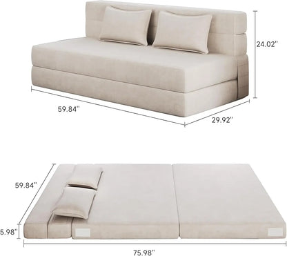 Folding Sofa Bed Queen with 2 Pillows, Portable Foldable Sofa Bed for Travel, Trifold Sleeper with Breathable & Washable Cover