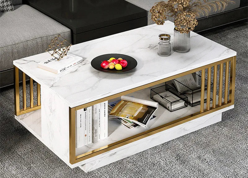 Modern 2-Tier White+Gold Coffee Table High Gloss Marble Veneer Rectangle, Waiting Area Table