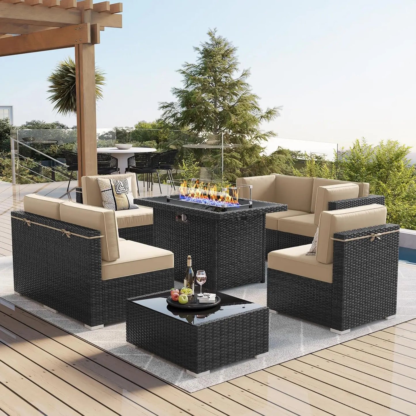 8 Piece Patio Furniture Set with 44" Propane Gas Fire Pit Table, Set Wicker Rattan Sofa Set and Coffee Table Rattan Möbel