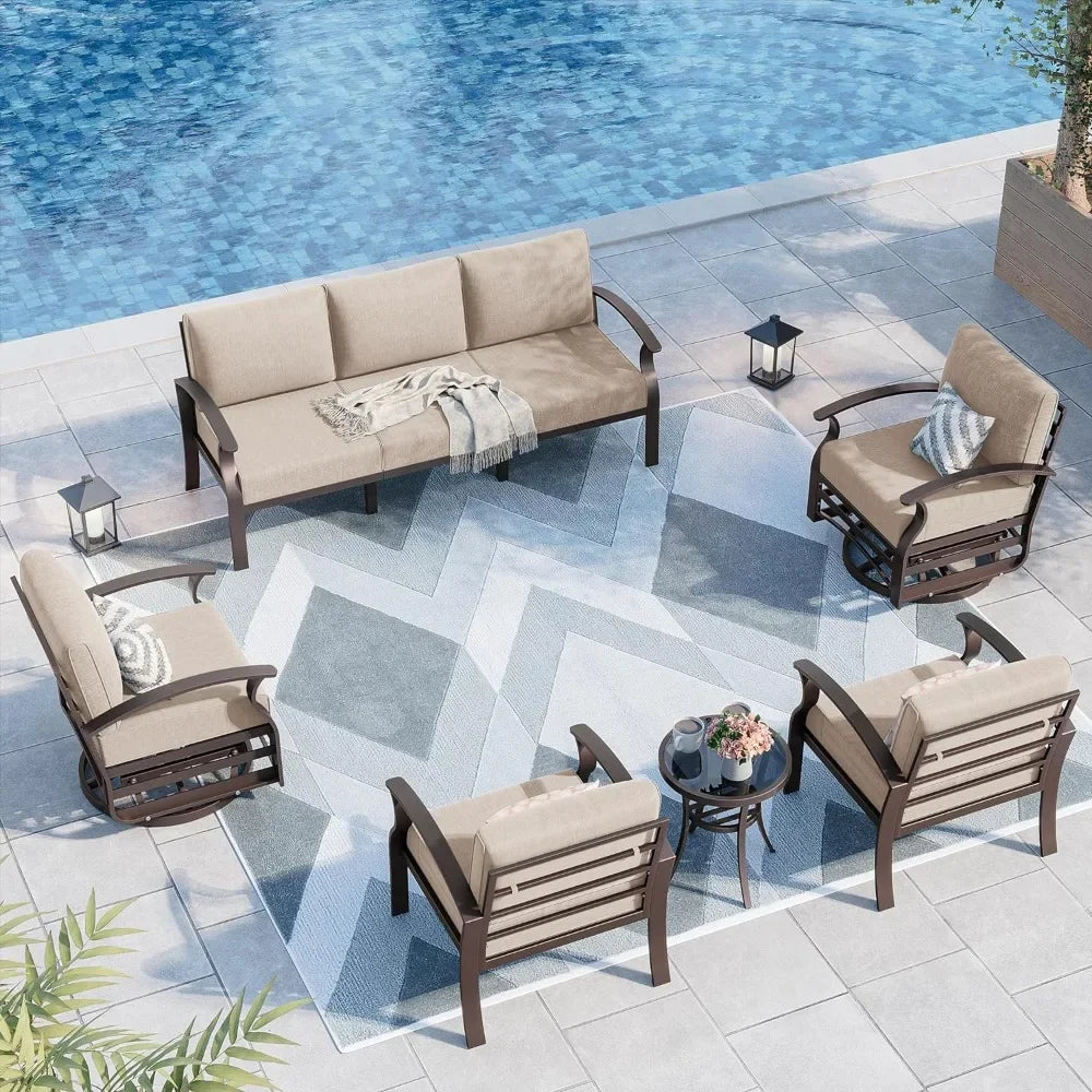 Aluminum Patio Furniture Set 7 Seater Modern Metal Outdoor Conversation Set, Swivel Chair Terrace Sectional Sofa, 5.1" Cushions