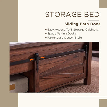 Queen Farmhouse Bed Frame with Barn Door Storage, No Box Spring Needed