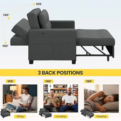 Convertible Futon Sofa Bed 3-in-1 Sleeper Chair Bed Tufted Couch with Adjustable Backrest, 2 USB Ports for Living Room