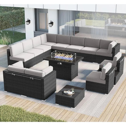 15 Piece Patio Furniture Set with Fire Pit Table, Outdoor Conversation Sets Wicker Rattan Sectional Sofa with Coffee Table