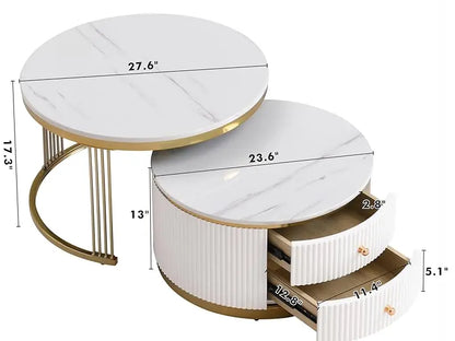 27.6, Gold+White Modern 2 Pieces Round Nesting Coffee Table with Drawers