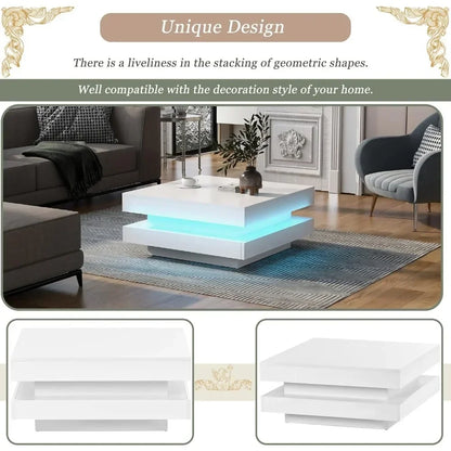 LED Coffee Table for Living Room, 2-Tier Square Center Table, High Gloss Coffee Table with 7-Color Plug-in LED Light