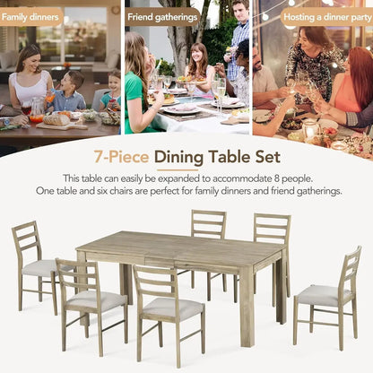 7 Pieces Wooden Dining Table Set Rectangle Extendable Table with 12” Leaf and 2 Drawers, 6 Dining Chairs with Soft Cushion