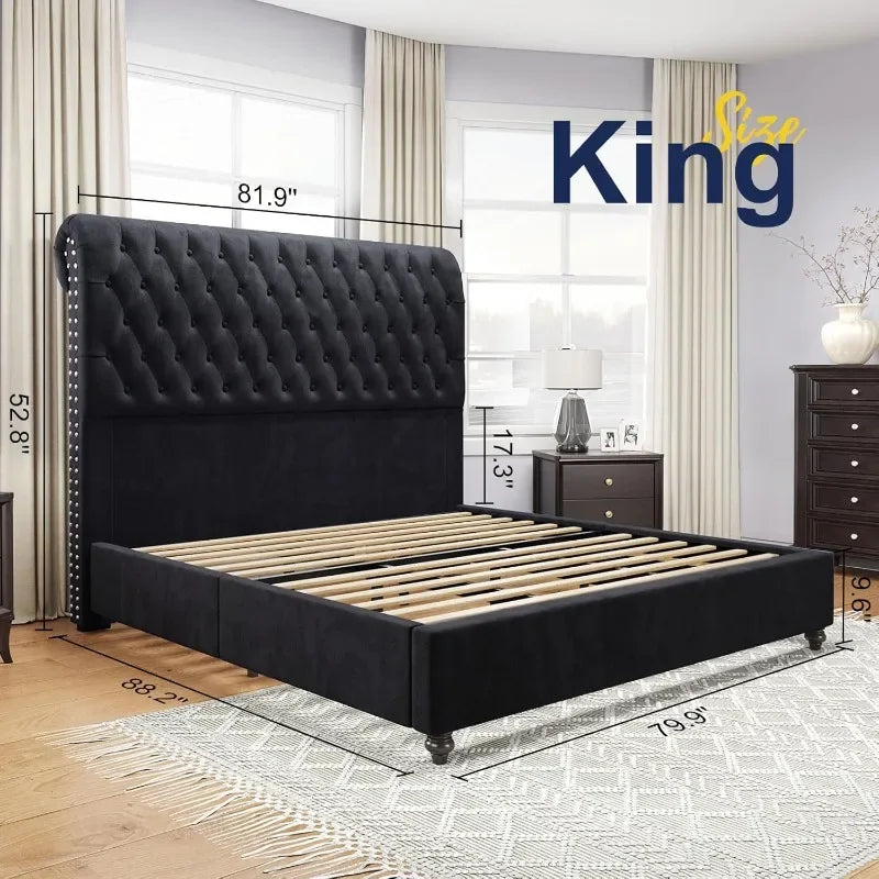 Bed Frame King Size Velvet Tall Headboard King Bed Frame with Button Tufted 52.8" Tall Sleigh Headboard Easy Assembly Black