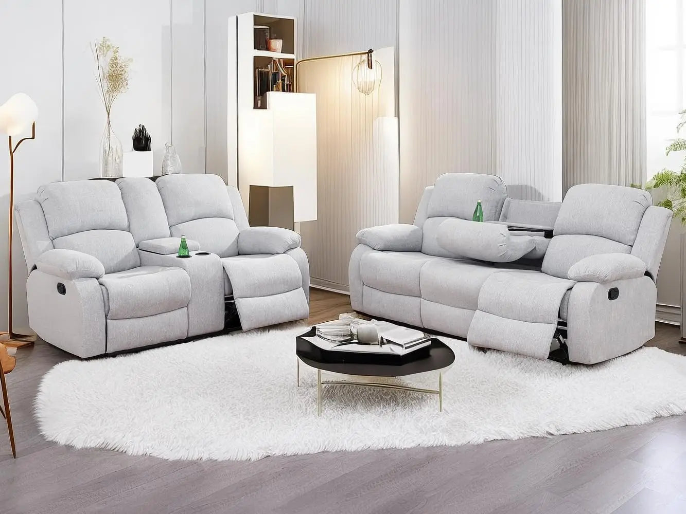 Sofa Set Living Room Furniture Reclining Couch Set with Cup Holders/Storage Console/Drop Down Table Fabric Recliner Sofa Set