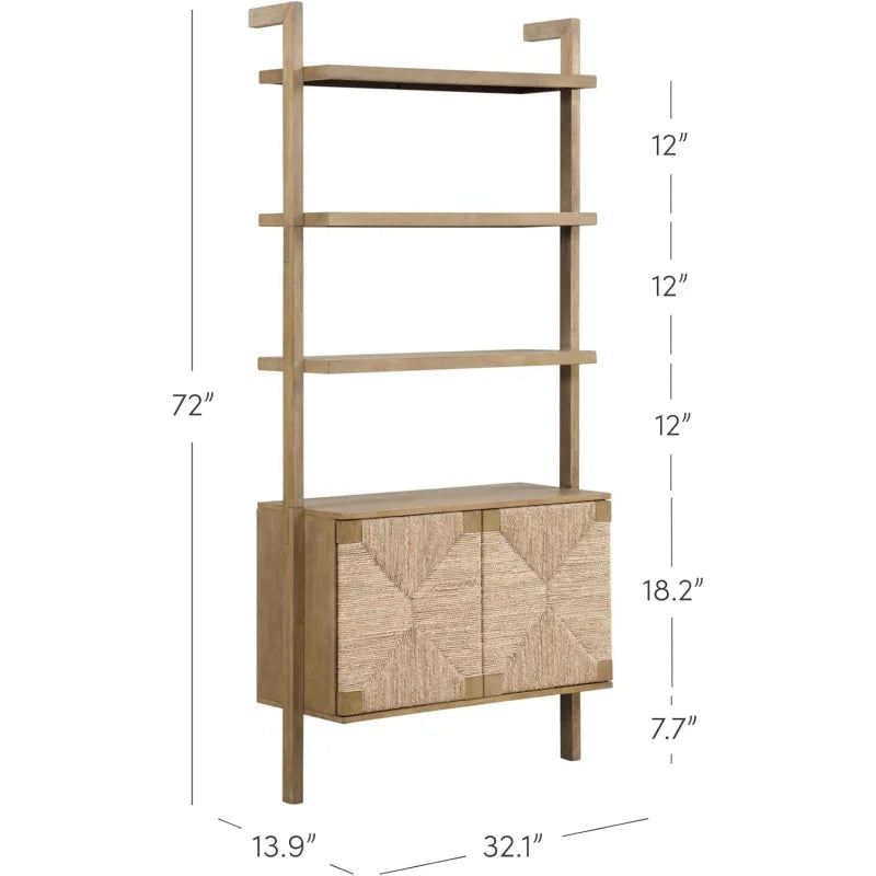 Beacon 3-Shelf Wood Bookshelf with Seagrass Doors