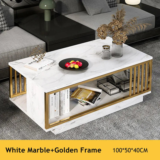 Modern 2-Tier White+Gold Coffee Table High Gloss Marble Veneer Rectangle, Waiting Area Table