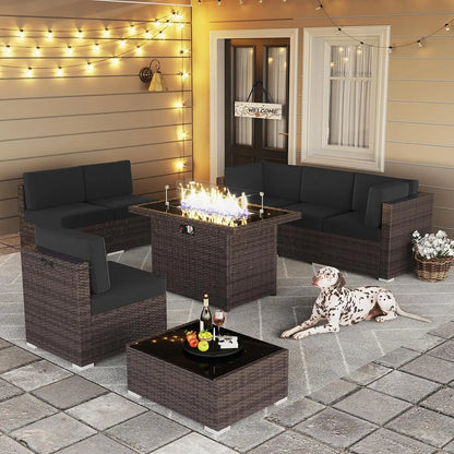 8 Piece Patio Furniture Set with 44" Propane Gas Fire Pit Table, Set Wicker Rattan Sofa Set and Coffee Table Rattan Möbel