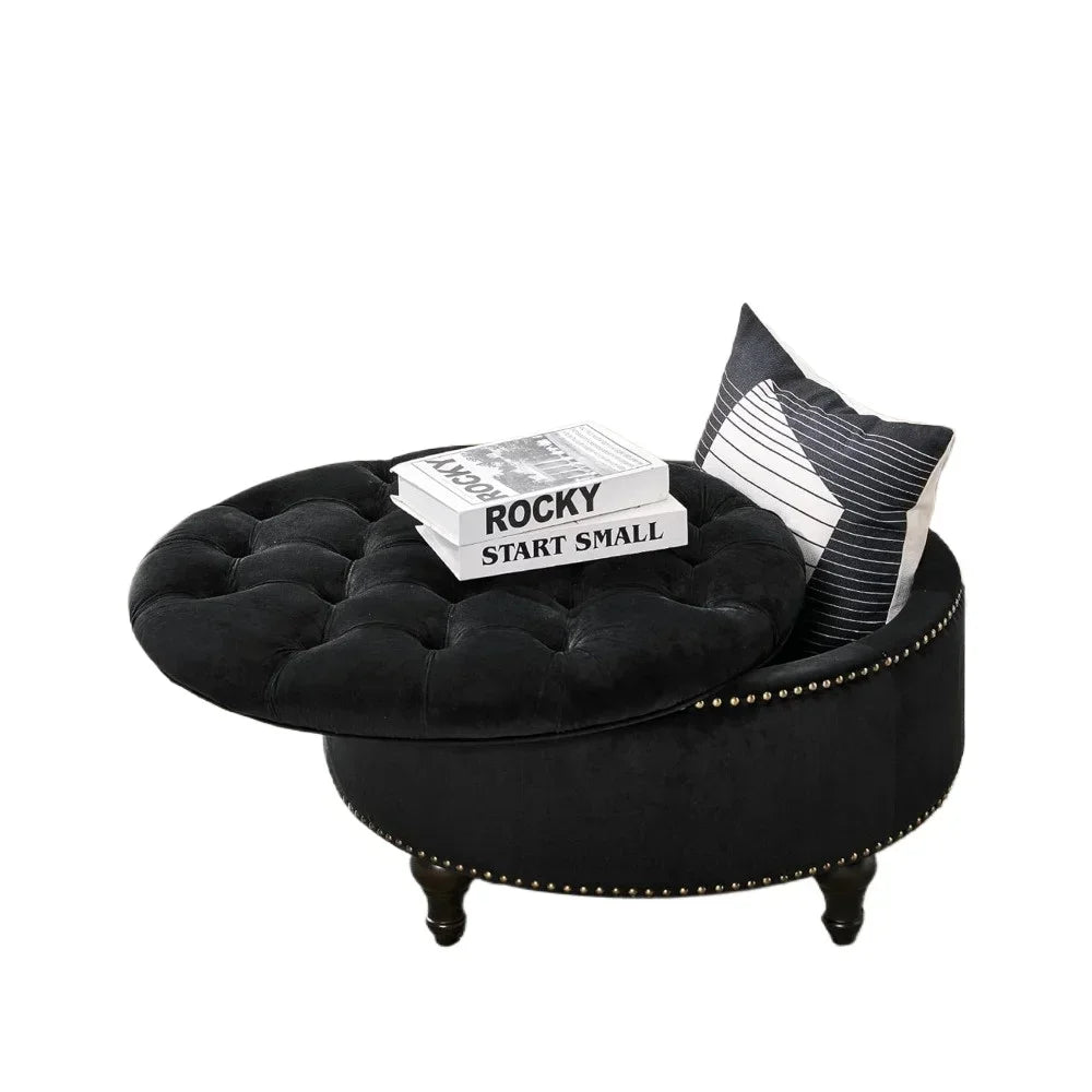 Home Upholstered 30" Round Storage Ottoman, Velvet Button Tufted Ottoman with Removable Lid, Bench with Wood Legs, Black