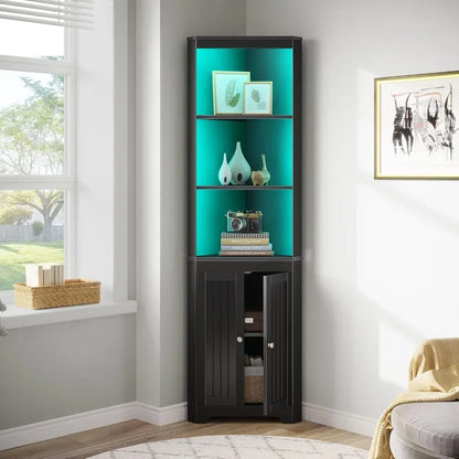 Corner Shelf with LED Light , Storage Cabinet with Doors, Tall Corner Bookshelf Corner Stand for Living Room, Laundry Room