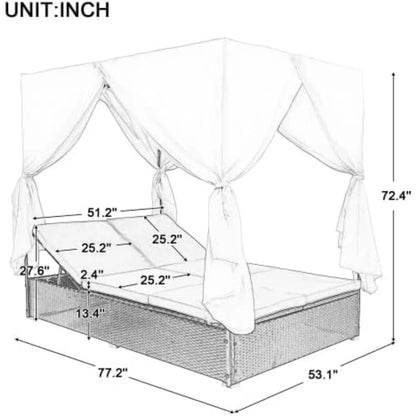 1 - Patio Lounge Sunbed - Rattan Daybed with Retractable Canopy and Curtains