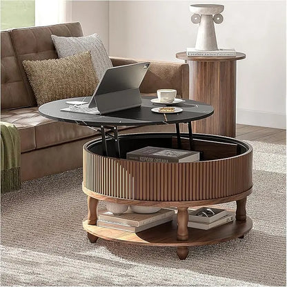 Round Coffee Table with Storage,Mid Century Modern Coffee Table with Sliding Cabinet Door,Coffee Table for Living Room,31.5" Sma