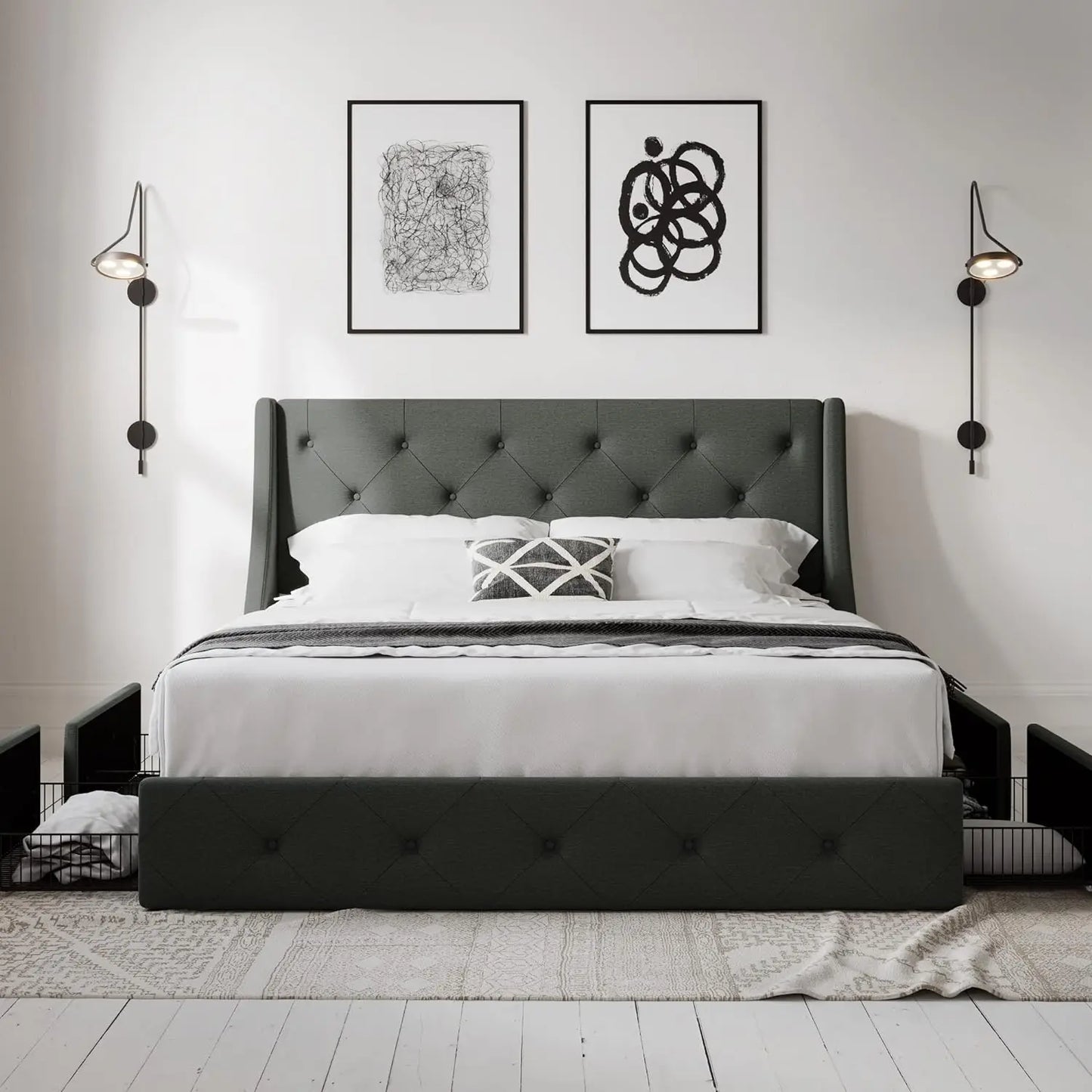 Queen Bed Frame with 4 Storage Drawers and Wingback Headboard Button Tufted Design No Box Spring Needed Dark Grey