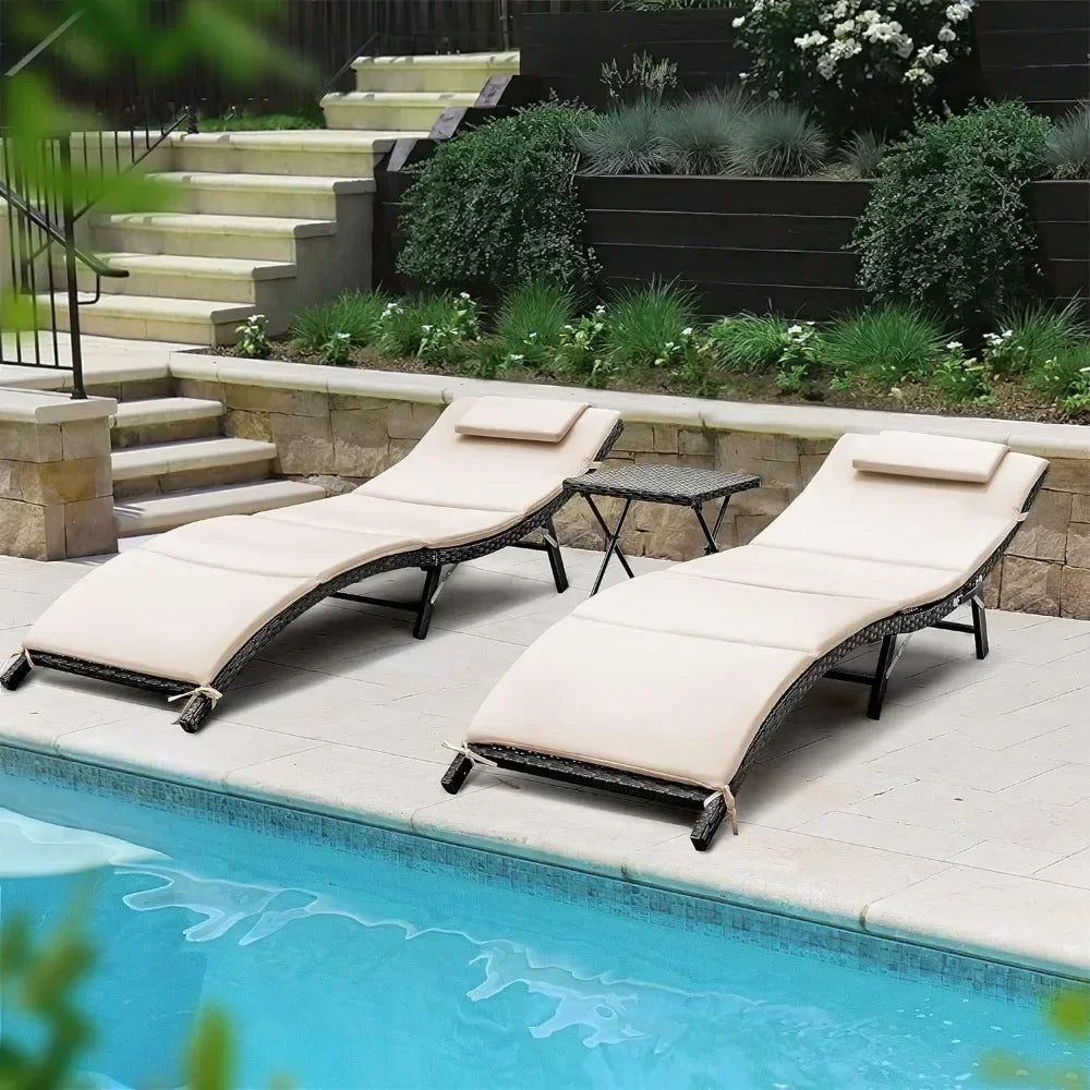 3-Piece Patio Chaise Lounge Set with Table & Cushions