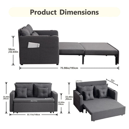 55" Convertible Sofa Bed, Linen Fabric Love Seat Sleeper Bed,w/Pillows, Cup Holder, Charging Port Pull Out Couch