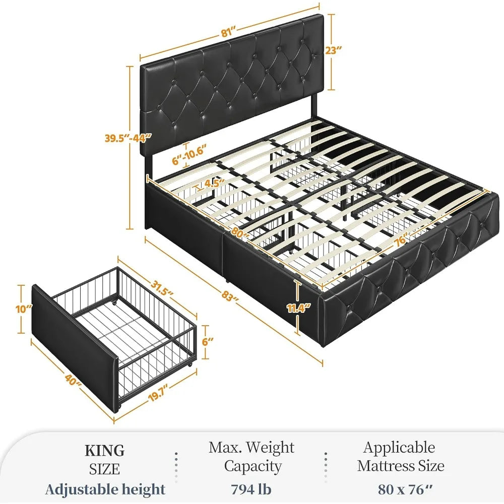 King Size Upholstered Bed Frame with Adjustable Headboard and 4 Drawers