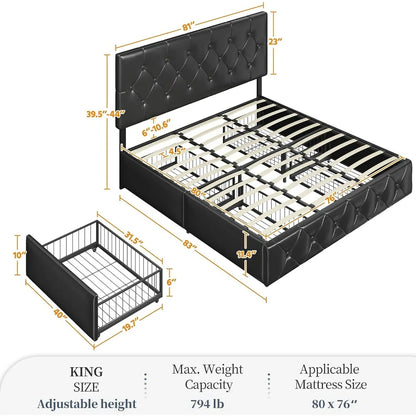 King Size Upholstered Bed Frame with Adjustable Headboard and 4 Drawers