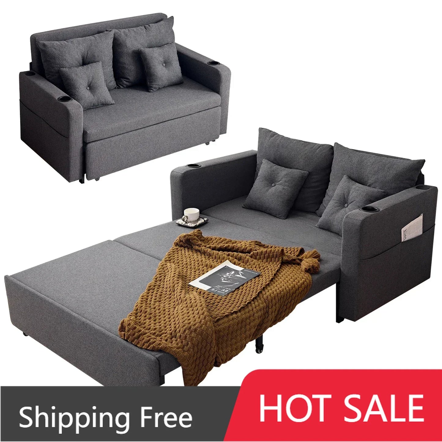 55" Convertible Sofa Bed, Linen Fabric Love Seat Sleeper Bed,w/Pillows, Cup Holder, Charging Port Pull Out Couch