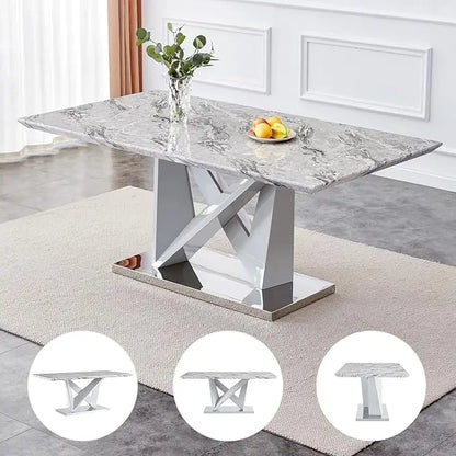 Dining Table Set for 6 Faux Marble Dining Room Table Set 71'' Rectangular Kitchen Table with 6 PU Leather Upholstered Chairs