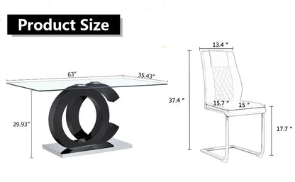 63”Glass Dining Table Set 0.39”Tempered Glass Rectangular Kitchen Table with High Back Dining Chairs Set of 6