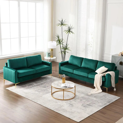 Sofa and Loveseat Set 2 Piece, Comfy Velvet Tufted Couch and Loveseat Sets Living Room Furniture Sets with Gold Leg