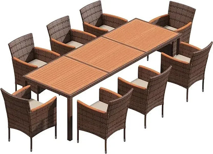 9 Piece Patio Dining Set Outdoor Acacia Wood Table and Chairs with Soft Cushions Wicker Patio Furniture for Deck, Backyard