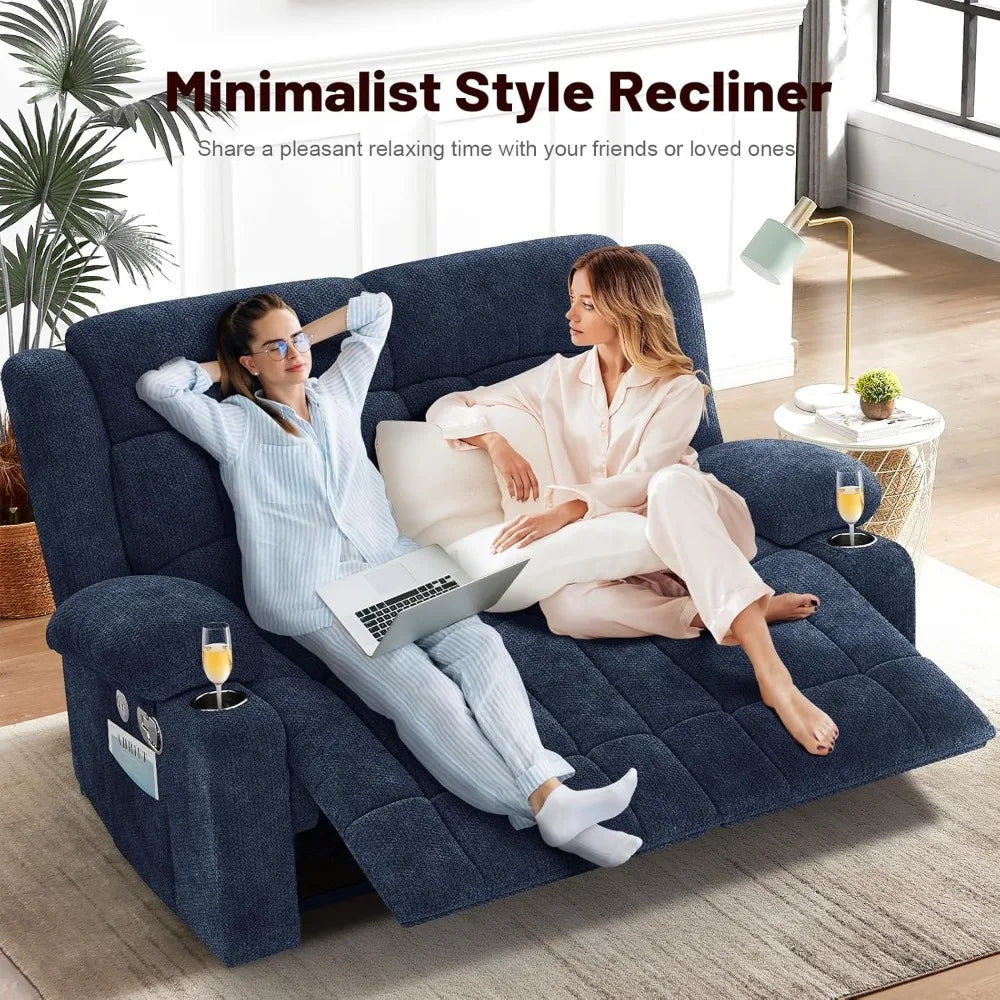 Loveseat Recliner Sofa, 2 Seater Minimalist Style Fabric Manual Pull Tab Reclining Loveseat with USB Charge Ports, Cup Holders