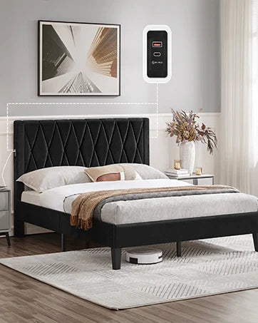 Queen Bed Frame Upholstered Platform Bed with Wing Side/Wooden Slat Support/Tufted Headboard with Wing Side/Mattress