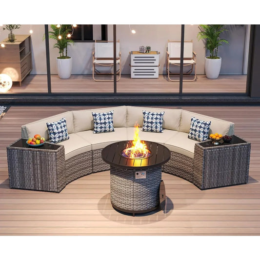 Outdoor Patio Half-Moon Furniture , Sectional Round Set, Curved Conversation Set, Curved Sofa with Tempered Glass Coffee Table