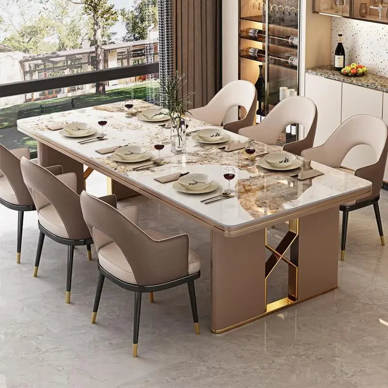 Luxury light rock plate dining tables and chairs. Modern simple marble villa rectangular dining table