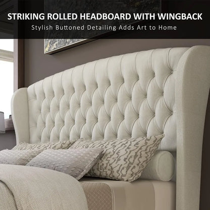 King Size Chenille Platform Bed with Wingback Headboard