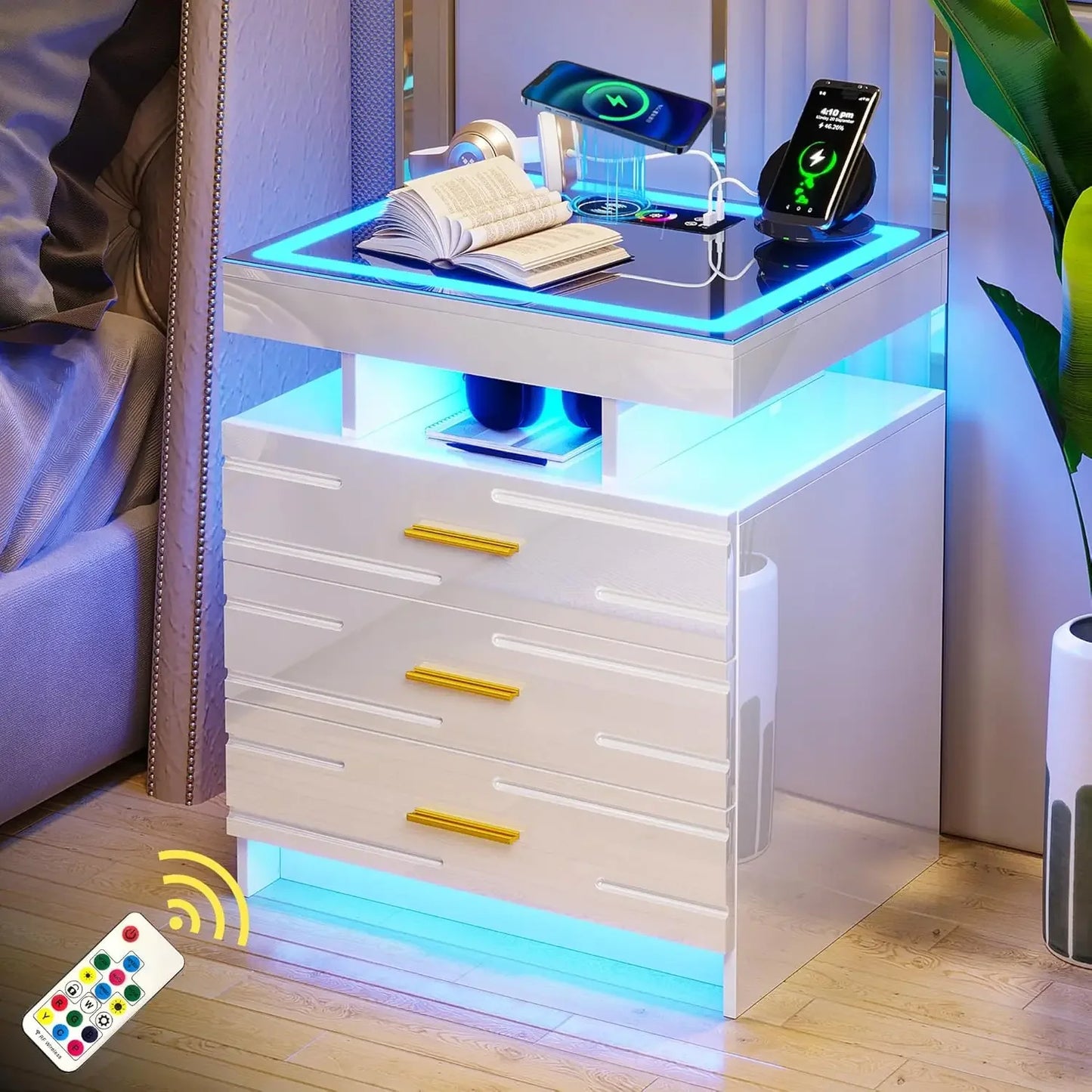 Atuo LED Nightstand , Modern Night Stand with 24 Color Lights, High-Gloss Bedside Tables with 3 Drawers for Bedroom (White,1PC)