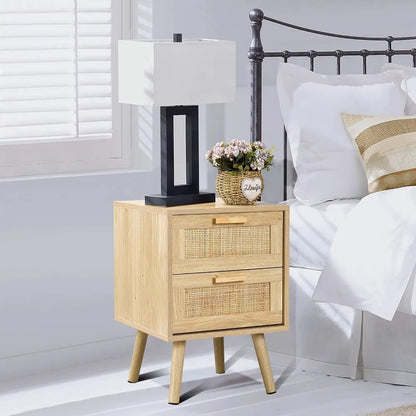 Night Stand Set of 2, Nightstand with 2 Hand Made Rattan Decorated Drawers, Wood Accent Table with Storage for Bedroom, Natural
