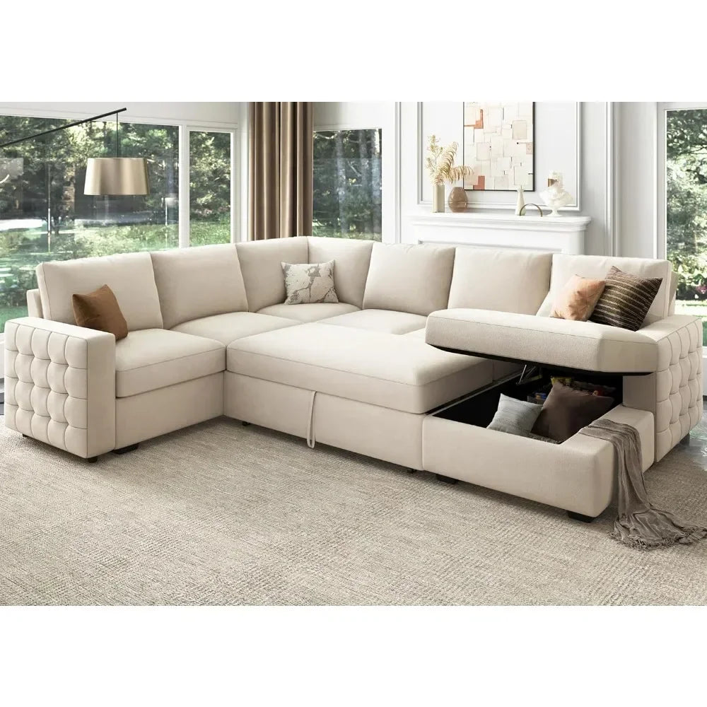 Sectional Sofa with Storage Chaise U Shaped Sectional Couch for Living Room,Velvet Sleeper Sectional Couch with Pullout Bed