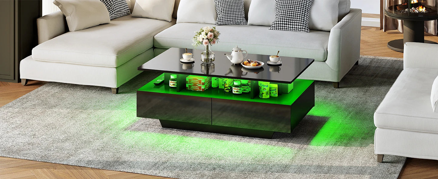 YITAHOME LED Coffee Table with Storage, High Glossy LED Coffee Tables for Living Room, Small Center Table with Open Display Shel