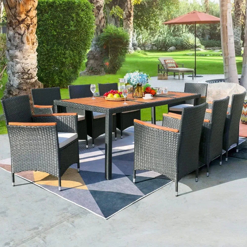 9 Piece Patio Dining Set Outdoor Acacia Wood Table and Chairs with Soft Cushions Wicker Patio Furniture for Deck, Backyard