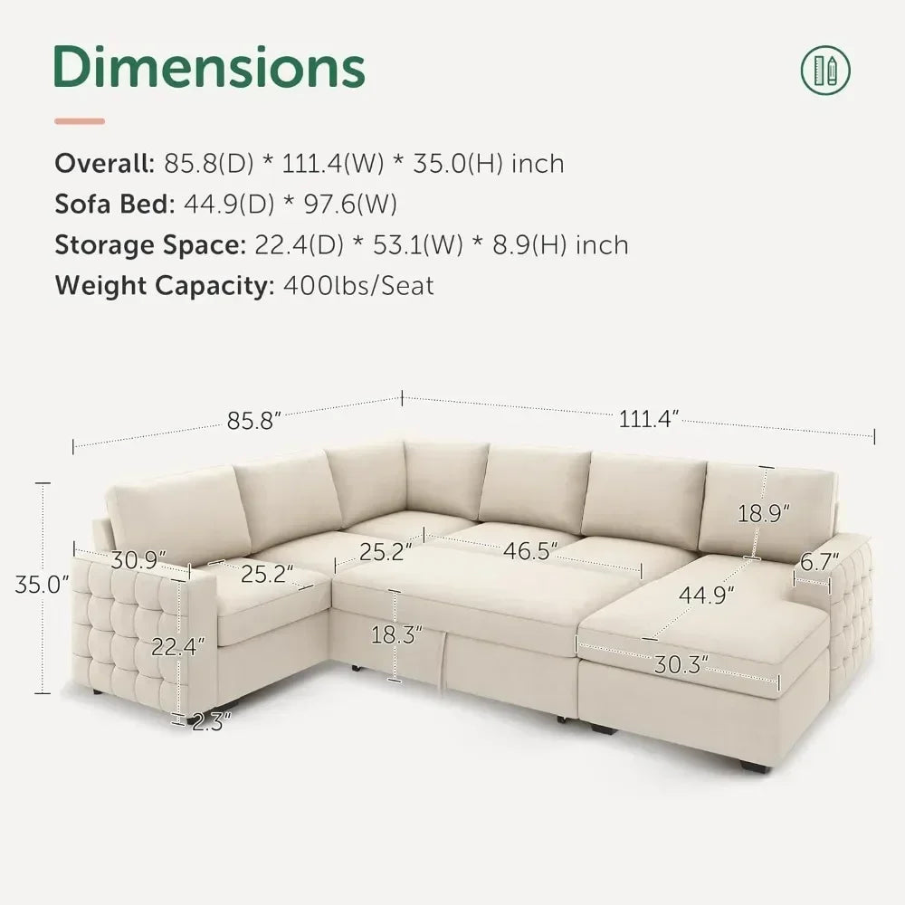 Sectional Sofa with Storage Chaise U Shaped Sectional Couch for Living Room,Velvet Sleeper Sectional Couch with Pullout Bed