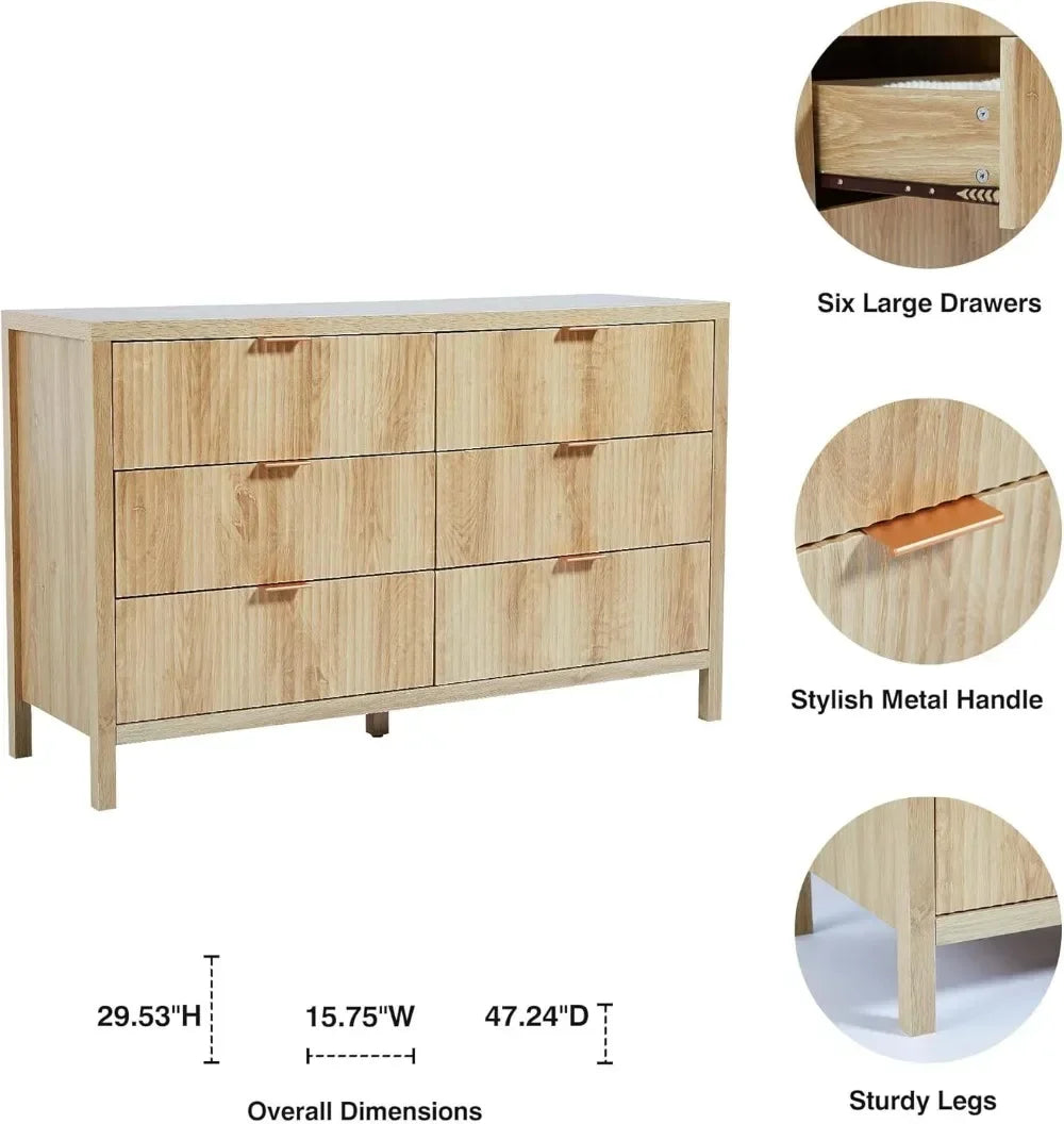 Drawer Double Dresser for Bedroom, Modern Closet Dressers Chest of Drawers with Fluted Panel,Wide Wood Storage Dresser