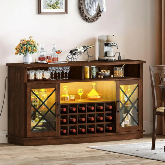 Wine Bar Cabinet with Charging Station, 58'' Large Wine Cabinet w/Storage, Tempered Glass Doors, Adjustable Shelf,