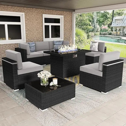 8 Pieces Patio Furniture Set with 44Propane Gas Fire Pit Table,Outdoor Sectional Wicker Conversation Sofa Sets with Coffee Table