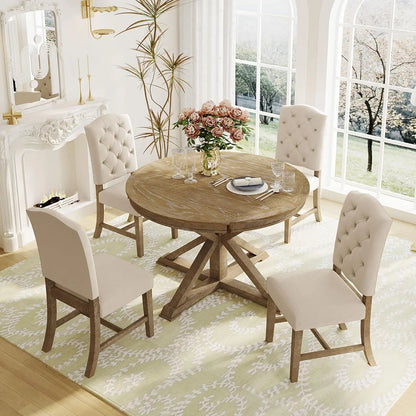 Retro Style 5-Piece Round Dining Table Set for 4 Extendable Table with 4 Upholstered Chairs for Dining Room Living Room