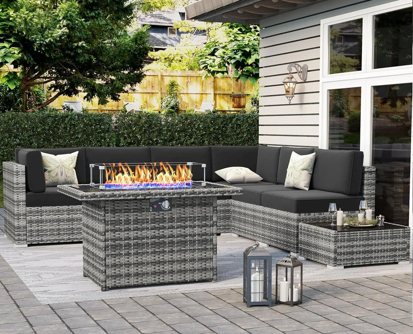 8 Piece Patio Furniture Set with 44" Propane Gas Fire Pit Table, Set Wicker Rattan Sofa Set and Coffee Table Rattan Möbel